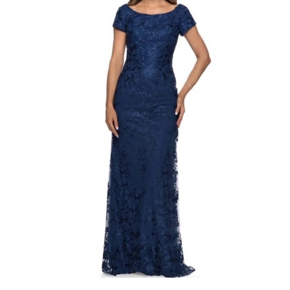 La Femme Navy Blue Shimmer Floral Embroidered  A-Line Gown Size 12 Wedding MOB